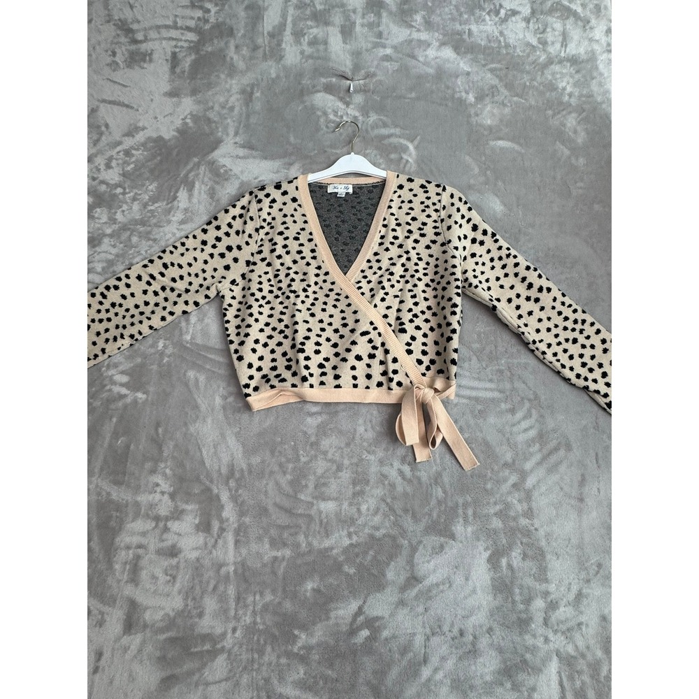 She Sky Wrap Cardigan Beige Black Animal Print Tie Waist Long Sleeve Knit Top L